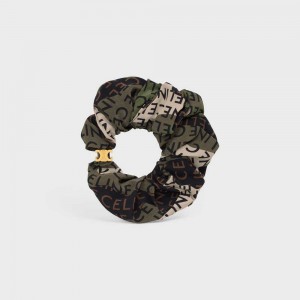 Accessoires Pour Cheveux Celine Scrunchy Camouflage In Brass With Gold Finish And Khaki Silk Doré Kaki | CL-592326