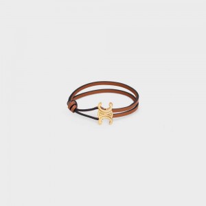 Bracelets Celine Triomphe Clasp In Brass With Gold Finish And Tan Smooth Calfskin Doré Marron | CL-592205