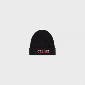 Chapeau Celine Embroidered Beanie In Nervuré Laine Noir | CL-591718