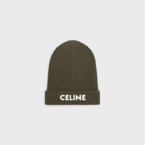 Chapeau Celine Embroidered Beanie In Nervuré Felted Laine Kaki | CL-591716