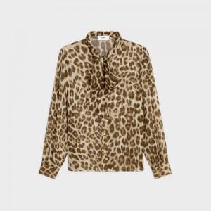 Chemises Celine Jabot Blouse With Bow In Silk Georgette Leopard | CL-592818