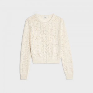 Knitwear Celine Cardigan In Triomphe Coton Pointelle Blanche | CL-592691