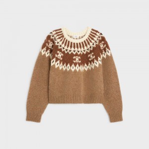 Knitwear Celine Crew Neck In Triomphe Fair Isle Laine Marron | CL-592706