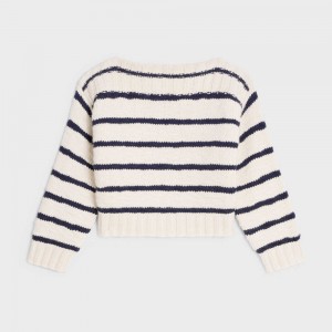 Knitwear Celine MarinièRe Bateau Neck In Cashmere Blanche Bleu Marine | CL-592695