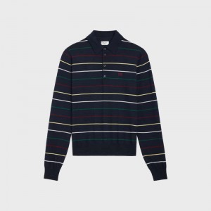 Knitwear Celine Rayé Triomphe Polo In Fine Laine Bleu Marine | CL-592103