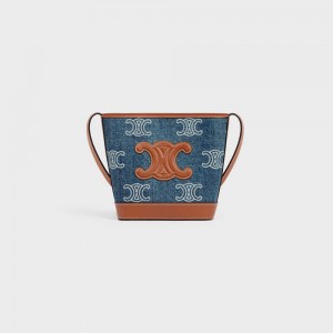 Mini Sacs Celine Bucket Cuir Triomphe In Denim With Triomphe All-over Embroidery And Calfskin Bleu Marine Marron | CL-593041