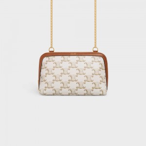 Mini Sacs Celine Clutch With Chain In Triomphe Tela And Lambskin Blanche Marron | CL-593032