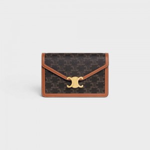 Mini Sacs Celine Wallet On Chain Triomphe In Triomphe Tela And Calfskin Marron | CL-593025