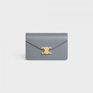 Mini Sacs Celine Wallet On Chain Triomphe In Shiny Calfskin Bleu Grise | CL-593022