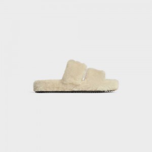 Mocassin Celine Fur Slides Triomphe Open Slides In Shearling Beige Beige | CL-592538