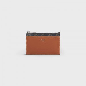 Porte-Carte Celine Zipped In Triomphe Tela And Marron | CL-591806