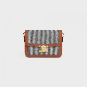 Triomphe Celine Classique Bag In Rayé Textile And Calfskin Grise Foncé | CL-593179