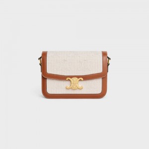 Triomphe Celine Classique Bag In Textile With Crochet Embroidery Beige Marron | CL-593181