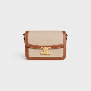 Triomphe Celine Classique Bag In Textile And Calfskin Beige Marron | CL-593180