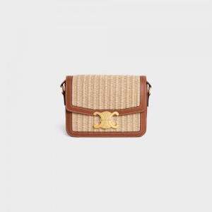 Triomphe Celine Teen Bag In Raffia Effect Textile And Calfskin Beige Marron | CL-593195