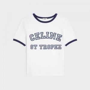 T-shirt Celine St Tropez 70 S In Coton Jersey Blanche Bleu Marine | CL-592780