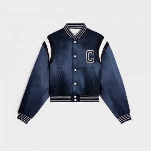 Vestes Celine Cropped Bomber In Thick Satin Bleu Marine | CL-592681