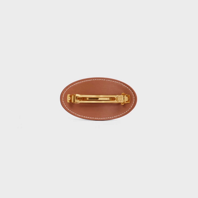 Accessoires Pour Cheveux Celine Cuir Triomphe Hair Clip In Calfskin And Steel Doré Marron | CL-592333