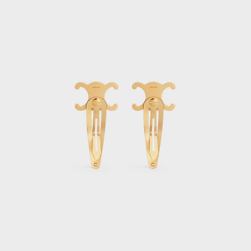 Accessoires Pour Cheveux Celine Hair Accessories Set Of 2 Triomphe Snap Hair Clips In Brass With Gold Finish And Steel Doré | CL-592316