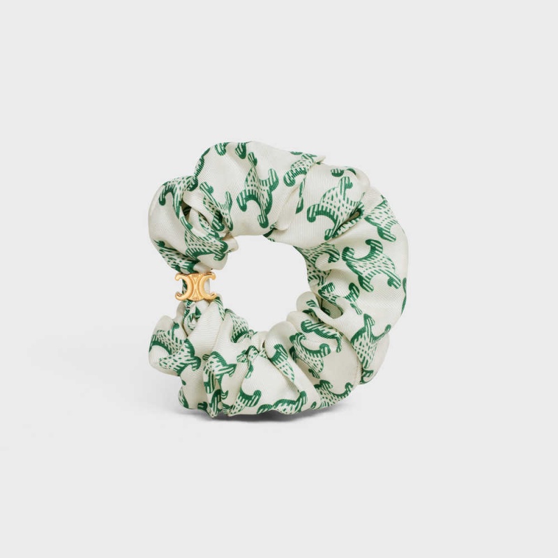 Accessoires Pour Cheveux Celine Scrunchy Triomphe In Brass With Gold Finish And Silk Doré Blanche Vert | CL-592331