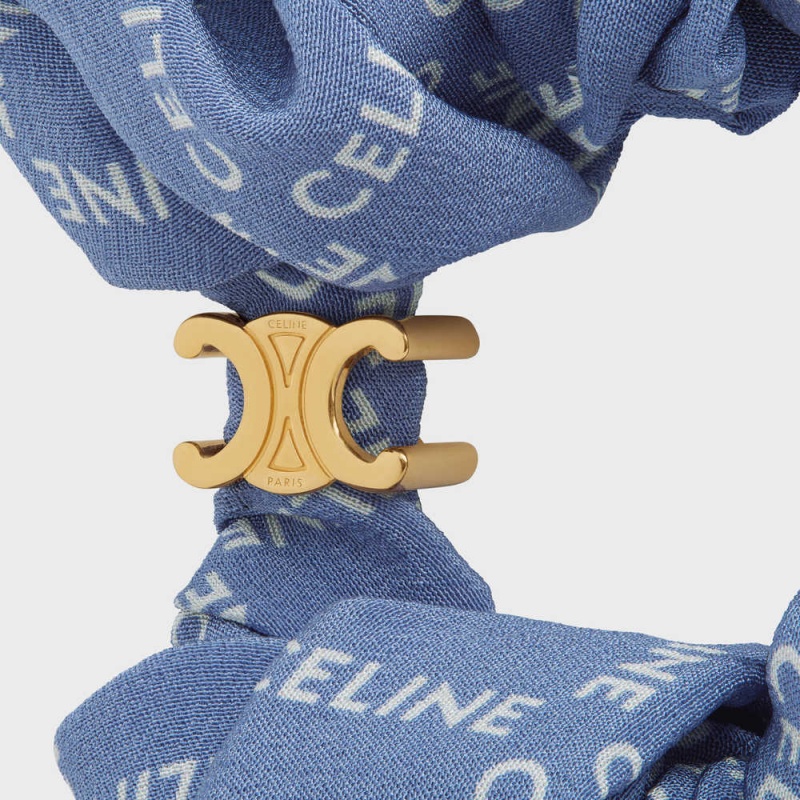 Accessoires Pour Cheveux Celine Scrunchy Square In Brass With Gold Finish And Blue Silk Doré Bleu | CL-592329