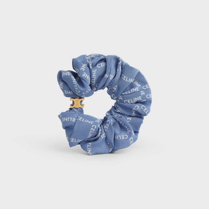 Accessoires Pour Cheveux Celine Scrunchy Square In Brass With Gold Finish And Blue Silk Doré Bleu | CL-592329