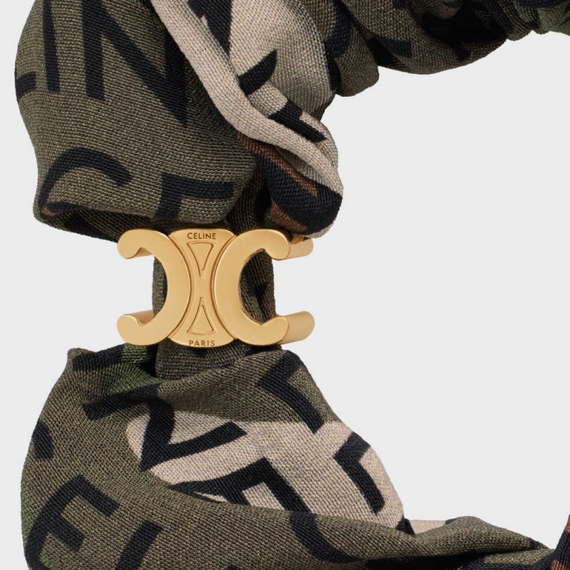 Accessoires Pour Cheveux Celine Scrunchy Camouflage In Brass With Gold Finish And Khaki Silk Doré Kaki | CL-592326