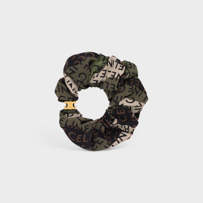 Accessoires Pour Cheveux Celine Scrunchy Camouflage In Brass With Gold Finish And Khaki Silk Doré Kaki | CL-592326