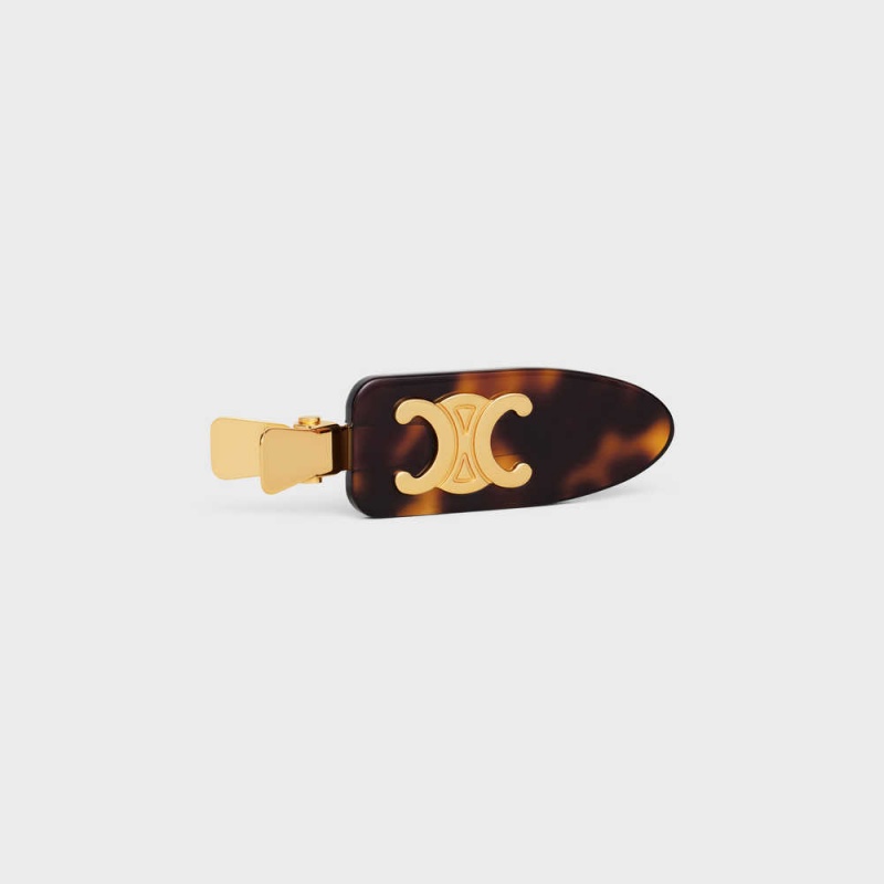 Accessoires Pour Cheveux Celine Triomphe Plates Hair Clip In Dark Havana Acetate And Brass With Gold Finish And Steel Doré | CL-592322