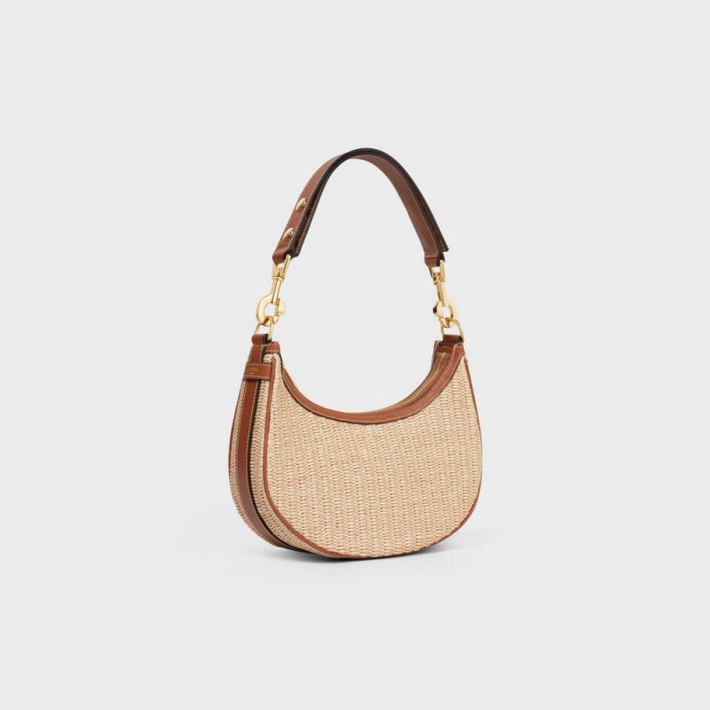 Ava Celine Mediumstrap Bag In Raffia Effect Textile And Calfskin Beige Marron | CL-593100