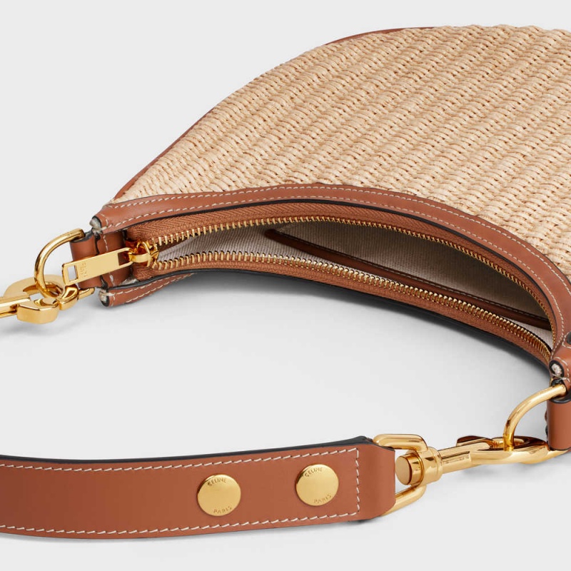 Ava Celine Mediumstrap Bag In Raffia Effect Textile And Calfskin Beige Marron | CL-593100