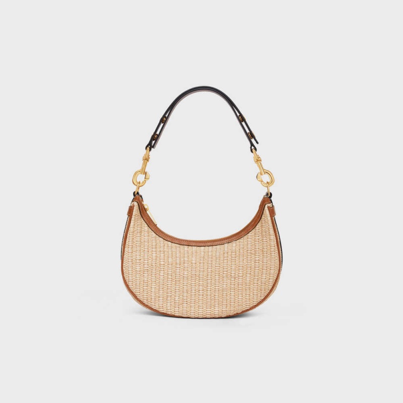 Ava Celine Mediumstrap Bag In Raffia Effect Textile And Calfskin Beige Marron | CL-593100