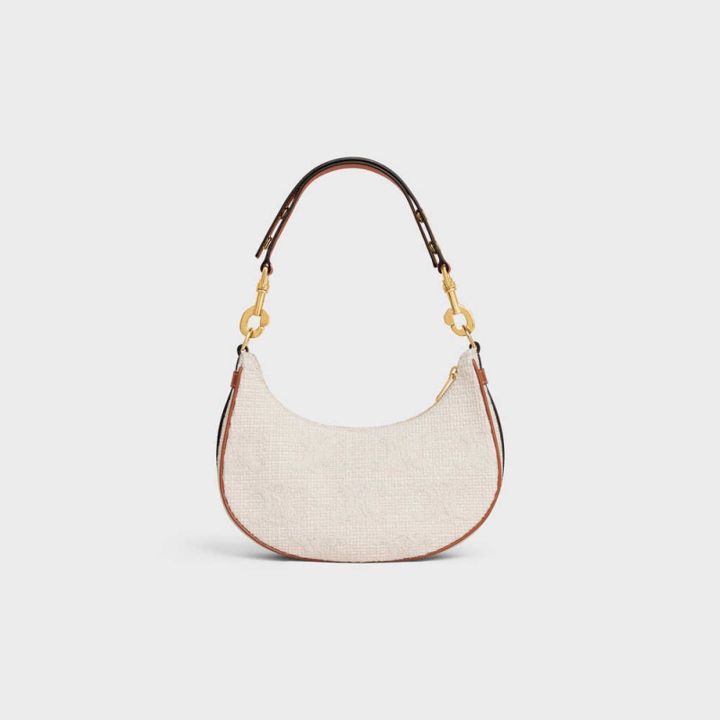 Ava Celine Mediumstrap Bag In Textile With Triomphe Crochet Embroidery Beige Marron | CL-593101