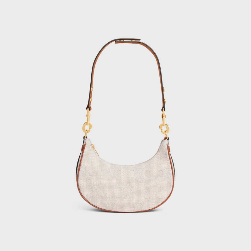 Ava Celine Mediumstrap Bag In Textile With Triomphe Crochet Embroidery Beige Marron | CL-593101