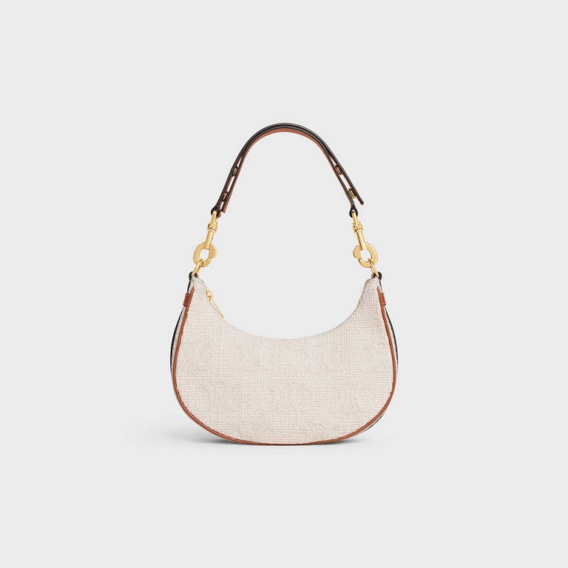 Ava Celine Mediumstrap Bag In Textile With Triomphe Crochet Embroidery Beige Marron | CL-593101