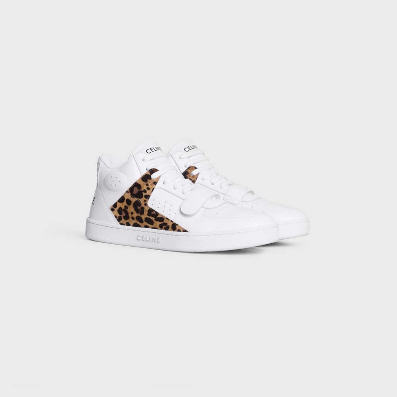 Basket Celine C02 Trainer Mid With Scratch In Calfskin & Leopard Printed Daim Calfskin Blanche Noir Marron | CL-592543