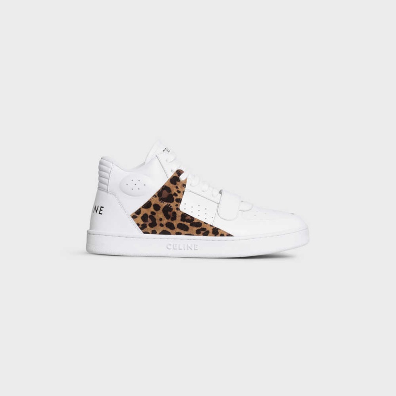 Basket Celine C02 Trainer Mid With Scratch In Calfskin & Leopard Printed Daim Calfskin Blanche Noir Marron | CL-592543