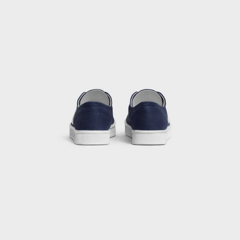 Basket Celine Jane Sneakers Low Dentelle-up With Triomphe Patch In Tela And Calfskin Bleu Marine | CL-592553