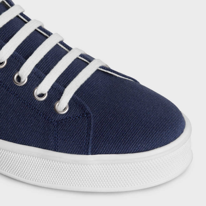 Basket Celine Jane Sneakers Low Dentelle-up With Triomphe Patch In Tela And Calfskin Bleu Marine | CL-592553