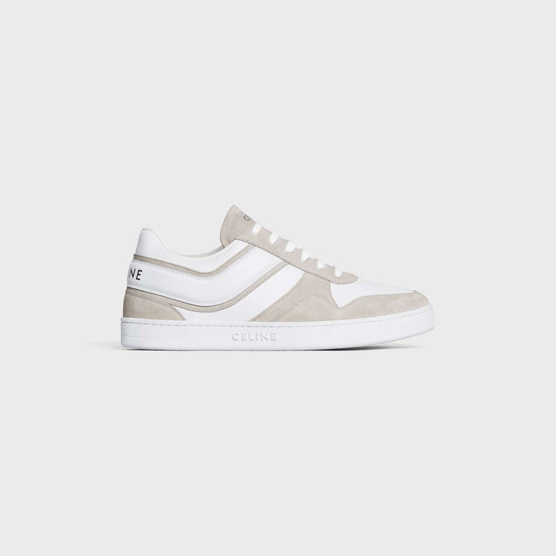 Basket Celine Trainer Low Dentelle-up In Daim Calfskin And Calfskin Beige Clair Blanche | CL-591902