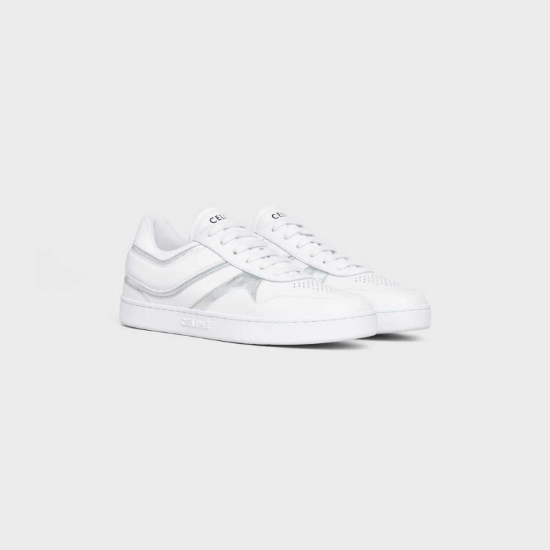 Basket Celine Trainer Low Dentelle-up In Calfskin & Laminated Calfskin Blanche Argent | CL-592550