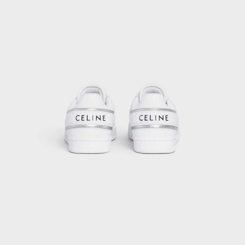 Basket Celine Trainer Low Dentelle-up In Calfskin & Laminated Calfskin Blanche Argent | CL-592550