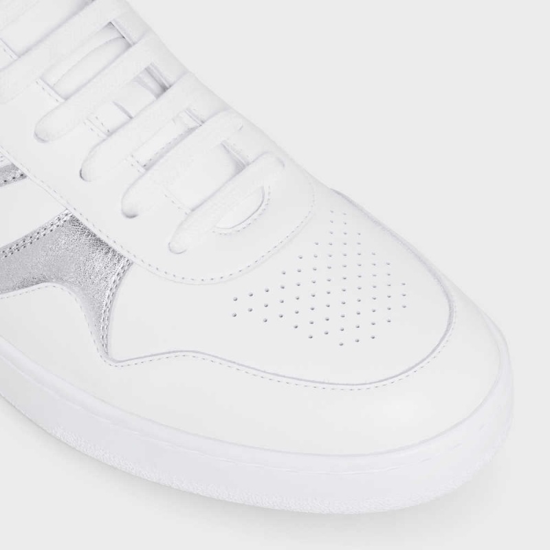 Basket Celine Trainer Low Dentelle-up In Calfskin & Laminated Calfskin Blanche Argent | CL-592550