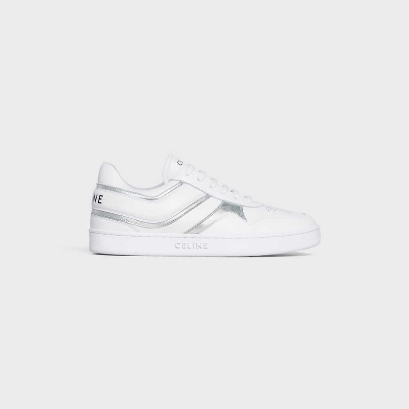 Basket Celine Trainer Low Dentelle-up In Calfskin & Laminated Calfskin Blanche Argent | CL-592550