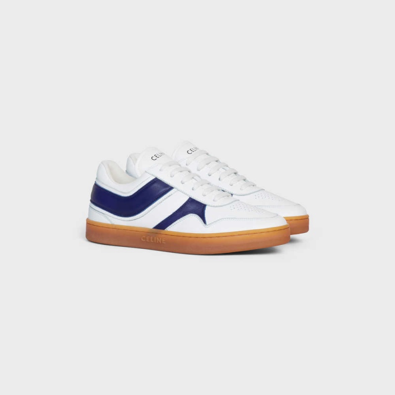 Basket Celine Trainer Low Dentelle-up In Calfskin Blanche Bleu Marine Beige | CL-592549