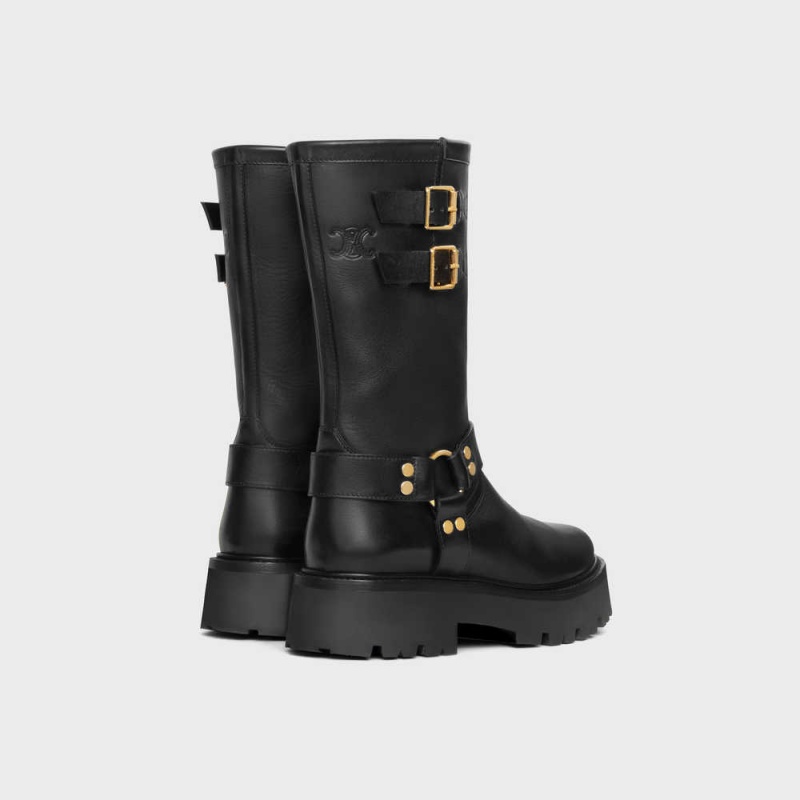 Botte Celine Bulky Mid Vélo With Harness In Calfskin - Vegetal Tanning Noir Doré | CL-592502