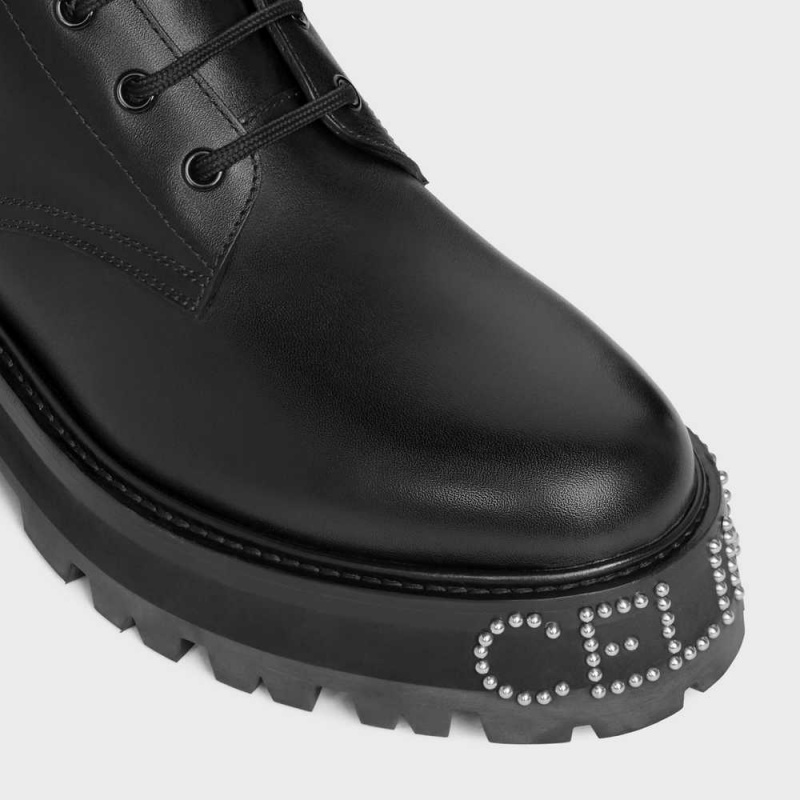 Botte Celine Dentelle-up With Triomphe And Studded Outsole Bulky In Shiny Bullskin Noir | CL-592508