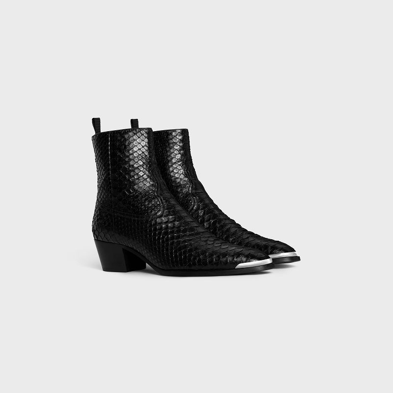 Botte Celine Western Isaac With Metal Embout In Shiny Python Noir | CL-591861