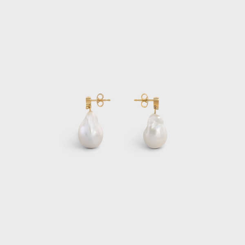 Boucles d'Oreilles Celine Baroque Triomphe In Brass With Gold Finish And Cultured Pearls Doré Blanche | CL-592299