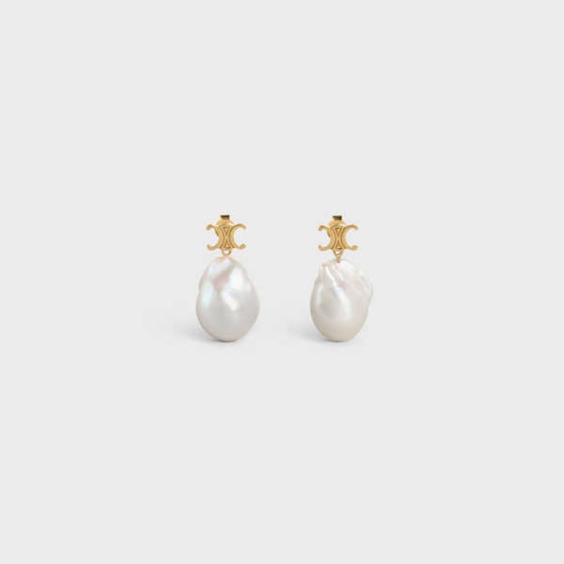 Boucles d\'Oreilles Celine Baroque Triomphe In Brass With Gold Finish And Cultured Pearls Doré Blanche | CL-592299